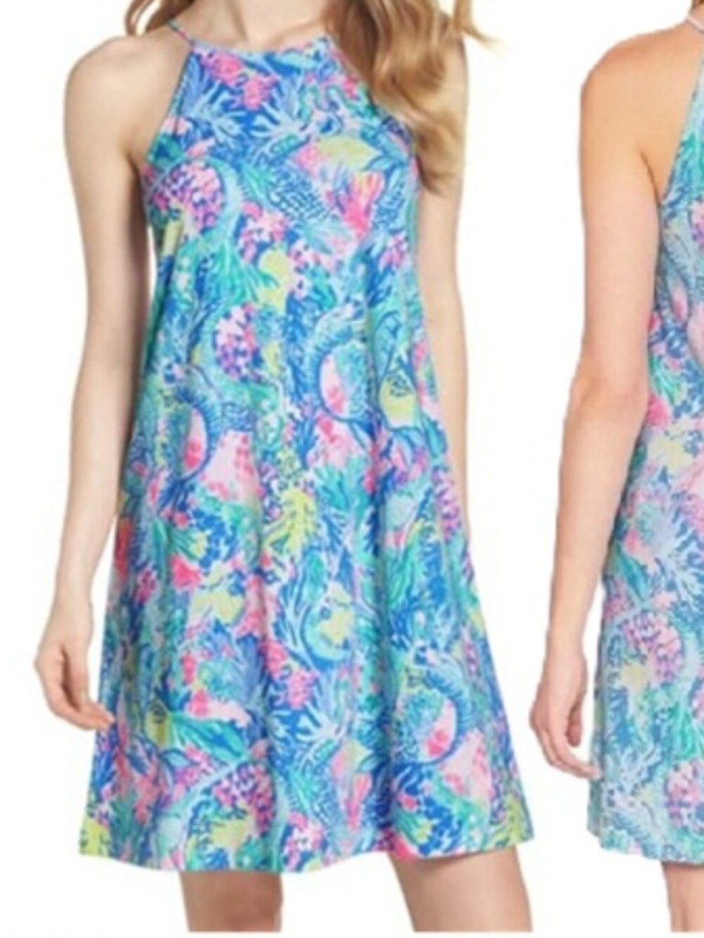 Lilly Pulitzer Margot Swing Dress L Mermaid Cove Tassel Flowy Blue Beach Resort